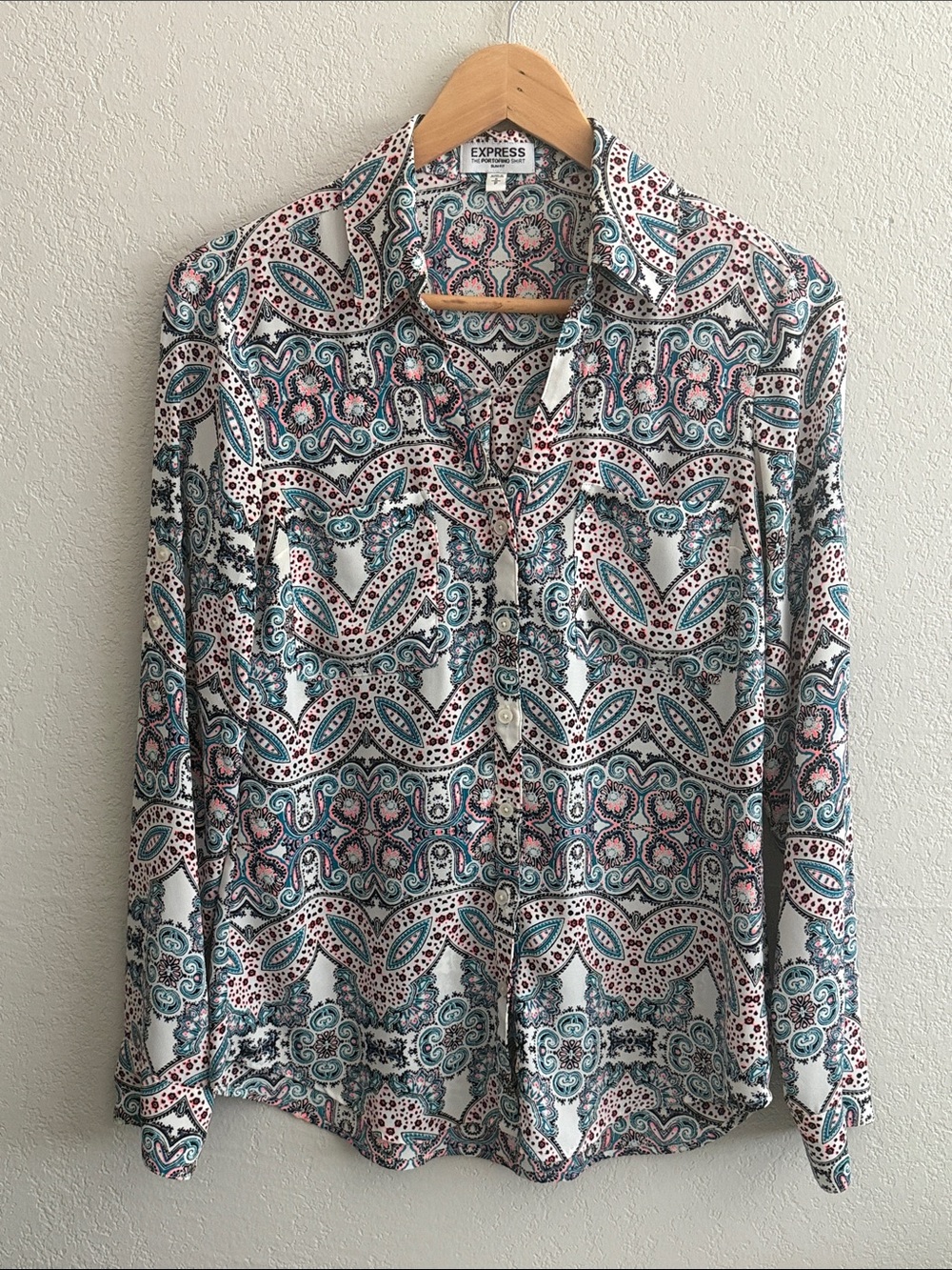 Express Portofino Slim Fit Teal, Pink & White Paisley Button-Front Top